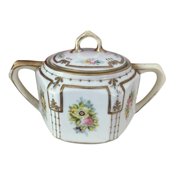 Nippon Japan Antique 24k Hand Painted Rose Pattern Sugar and Creamer Porcelain - Picture 3 of 11